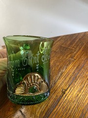 EAPG US Glass Green & Gold Lacy Medallion Souvenir Cup Etched To Lillie 1912