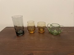 Vintage Set Of 4 Assorted Glasses Smoky Gray Amber Green Glass
