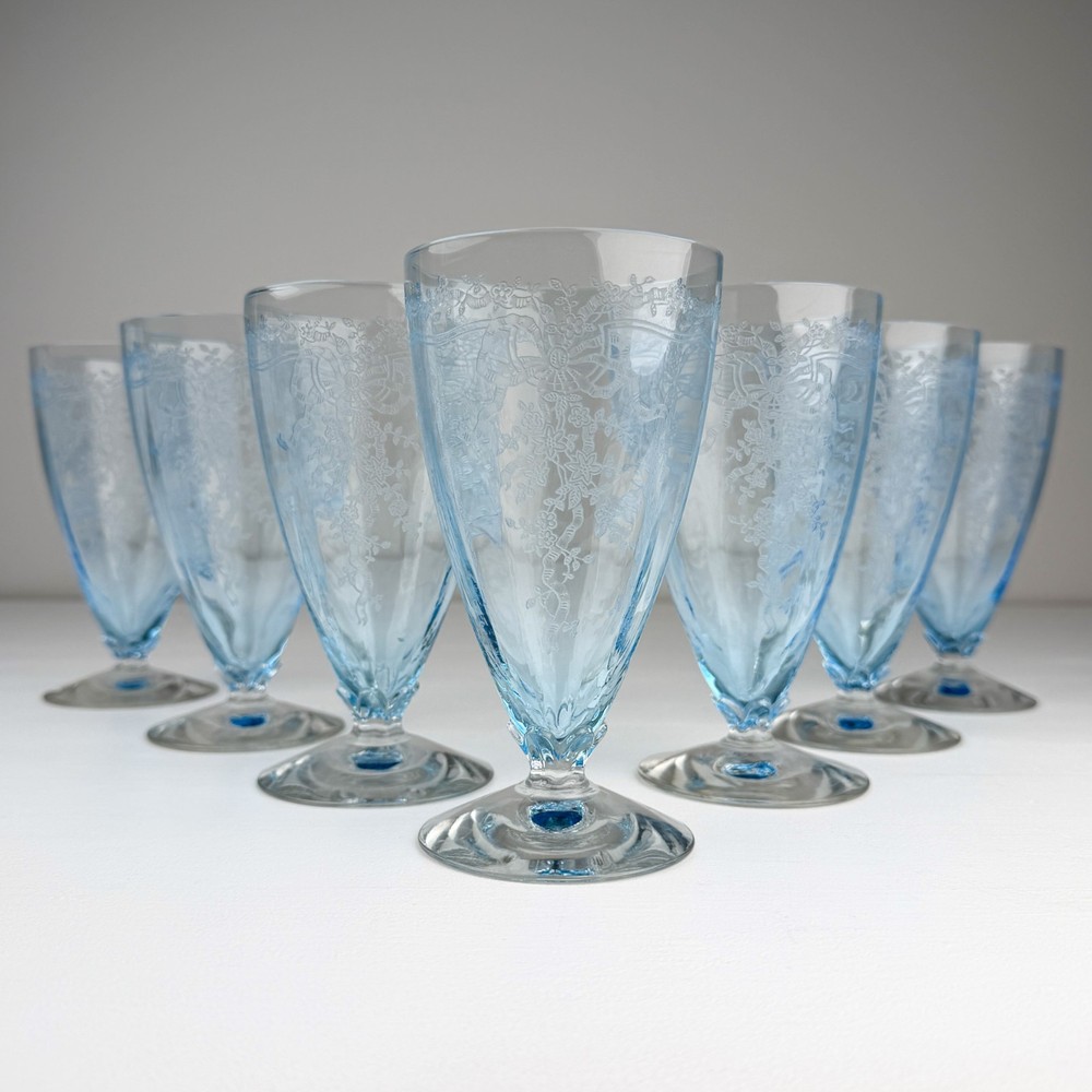 RARE Set of 7 Fostoria «June» Blue Etched Footed Iced Tea Glasses 5 3/4″