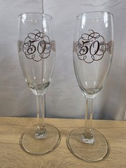 «50» Champagne Flutes Set of 2 Gold Filigree Toast Anniversary Birthday