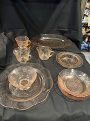 Vintage Pink & Clear Depression Glass Mixed Drinkware Set Lot w/ Serving Pieces