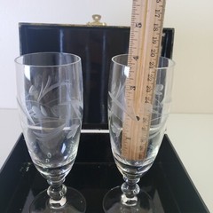 Short Etched Champagne Flutes Button Base in VTG Hinged Plastic Decoupage Box
