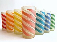 MID CENTURY MODERN CANDY STRIPE FROSTED TEXTURE MULTICOLOR TUMBLER GLASSES – 7PC