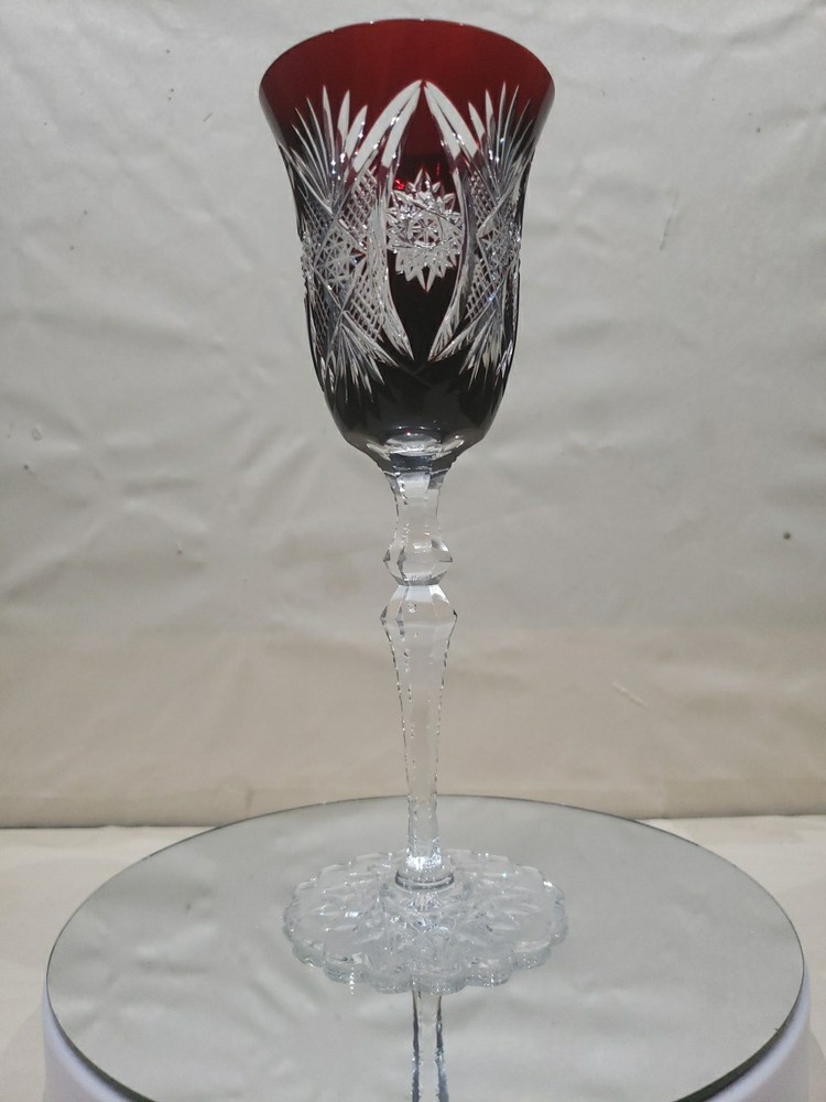 1 Wine goblet Glass, Dark Ruby Red Cut to clear Crystal brilliant HobStar foot