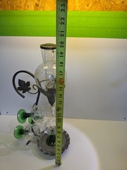 Austrian Wine Decanter w/ 4 glasses. Grape Leaf Wrought Iron & Etched Glass.