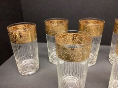7 VTG MCM Culver Tyrol High Ball Tumbler 22K Gold Gild Band Vertical Cut Barware