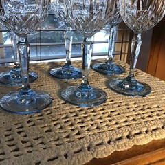6 Azure Blue Stem Paneled 8 Oz Crystal 8” Goblets Glasses