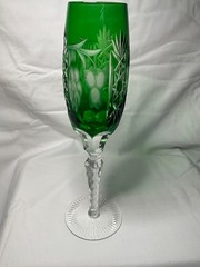 Ajka Marsala Emerald Green Cut to Clear Crystal Fluted Champagne Made in Hungray