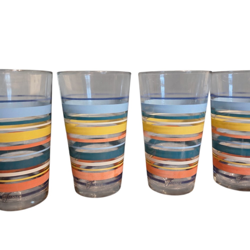 4 Vtg Libbey Mambo Fiesta Tumbler Teal Stripe 16oz Ice Tea Water Glass Retro SEE