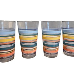 4 Vtg Libbey Mambo Fiesta Tumbler Teal Stripe 16oz Ice Tea Water Glass Retro SEE