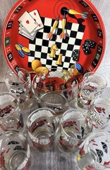 Vintage Hazel Atlas Ice Bucket, 8 Glasses and Tray Casino Gaming Poker Theme