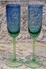 2 Festival Green & Blue Champagne Flutes Block Glass Stemmed 10.25″ Hand Crafted
