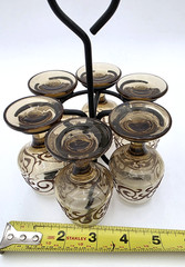 Libbey Prado Tawny Brown Scroll Cordial Goblets Set of 6 w/ Blk Metal Caddy VTG