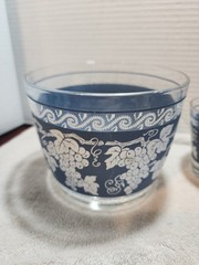 Vtg HAZEL ATLAS 9 Pc BARWARE SET – Blue/White Grapes- 4/8/10oz- And Ice Bucket
