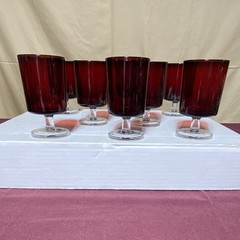 8-Piece Red Glass Goblets w/ Clear Stems 6 1/4 in H, 2 1/2 in. France on bottom