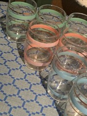Vintage 13 Piece 3″ Glass Set Gold Green Pink Blue Stripes Clear Lowball Glass