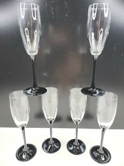 6 Luminarc Domino Signature Black Stem Fluted Champagne Set Cristal Glass France