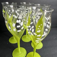 5 SIGNED Gloria Vanderbilt LILY OF THE VALLEY Painted WINE STEMS Goblet #R11
