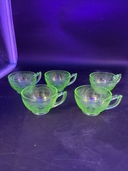 Lot Of 5 Uranium Indiana Glass Horseshoe Cup & Saucer Sets Green Depression GLOW