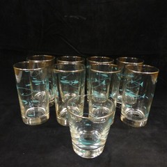 9 Vintage Libby Mediterranean Atomic Fish 4-3/4″ Glasses 1950’s Set of 8 + 1