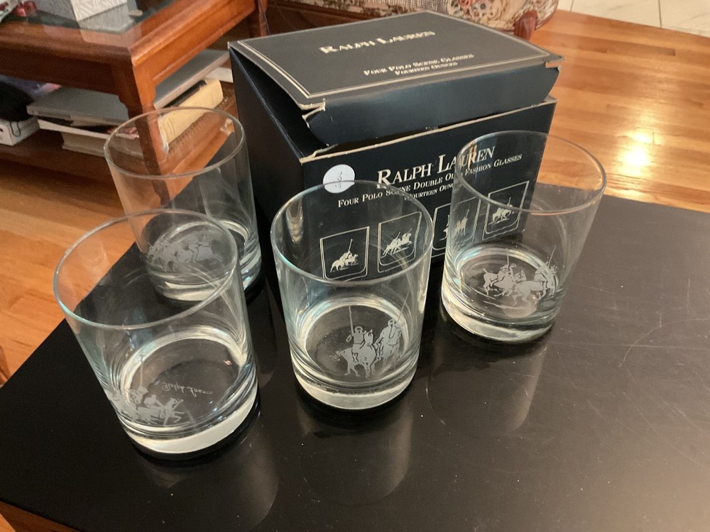Vtg Ralph Lauren Polo scene ethced fine crystal glasses (4 pc-s).