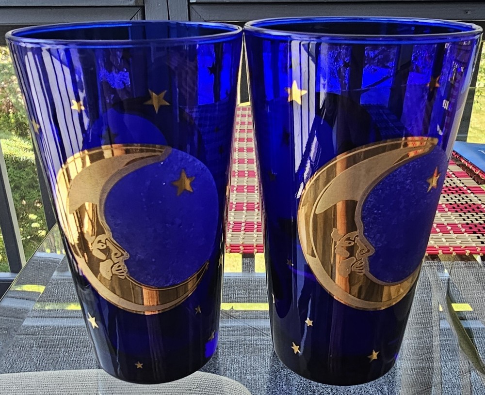 2 Culver Cobalt Blue Glass Celestial Gold Stars & Moon 6 inch Tumbler 22k