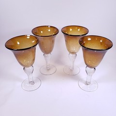 ARTLAND IRIS Artisan Amber Blown Glass Bubbles Ball Stem WATER GOBLET SET