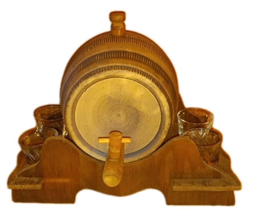 VTG Set Stoneware Ceramic Whiskey Barrel/Keg Wooden Spigot, Stands 6 Glasses