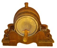 VTG Set Stoneware Ceramic Whiskey Barrel/Keg Wooden Spigot, Stands 6 Glasses
