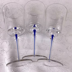 3 Filament Stem Cobalt Blue Teardrop Wine Glasses Straight Side Hand Blown EUC