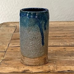 Art Studio Pottery Tumbler Cup 6″ Stoneware Brown Blue Drip Glaze