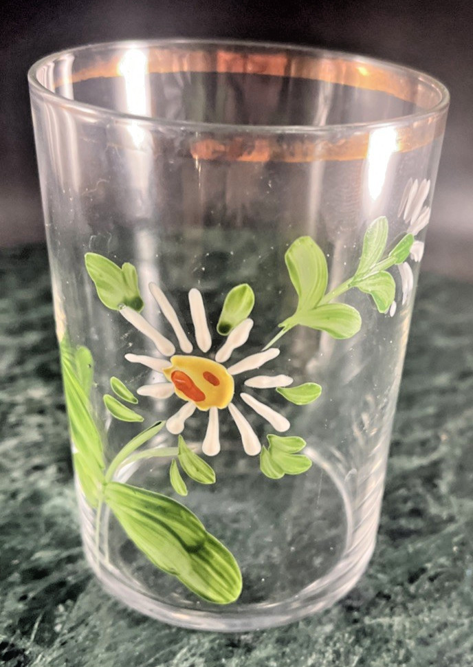 Antique Victorian Handblown Glass Tumbler Hand Painted Enamel Daisy Gold Rim 3+»
