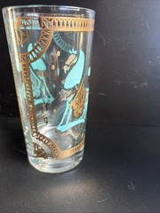 (4) Fred Press Signed Turquoise Trojan Horse Highball Gold Gilded Glasses MCM