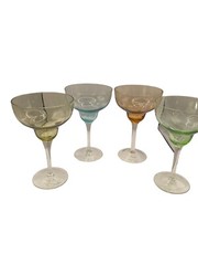 Vintage Multicolor Atomic Margarita Glasses Etched MCM 7” Set of 4 Bar Ware