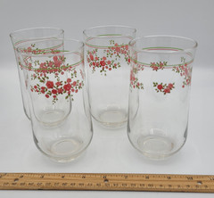 Set of 4 Vintage Libbey Glasses Pink Roses Garland Green Red Rim Lines 6″ Tall