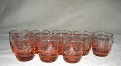8 VINTAGE PINK DEPRESSION GLASS CORDIAL OR SHOT GLASSES ETCHED FLORAL DESIGN
