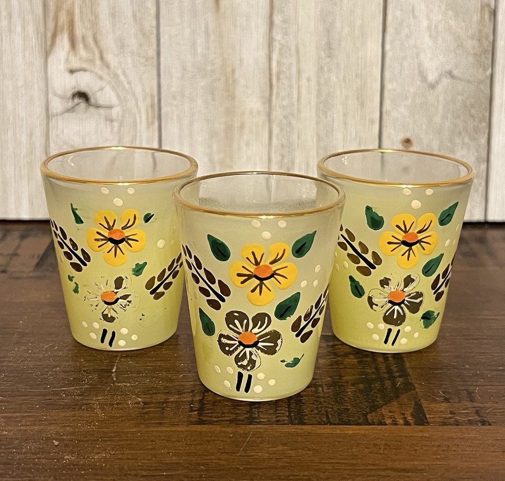 Vintage Set of 3 – Hand Painted Floral Light Yellow Blendo Shot Glasses – Retro