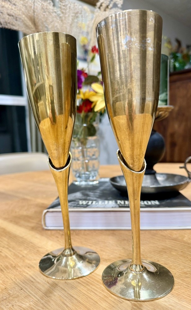CHEERS! Vintage Pair Brass & Silver Plate Champagne Flutes