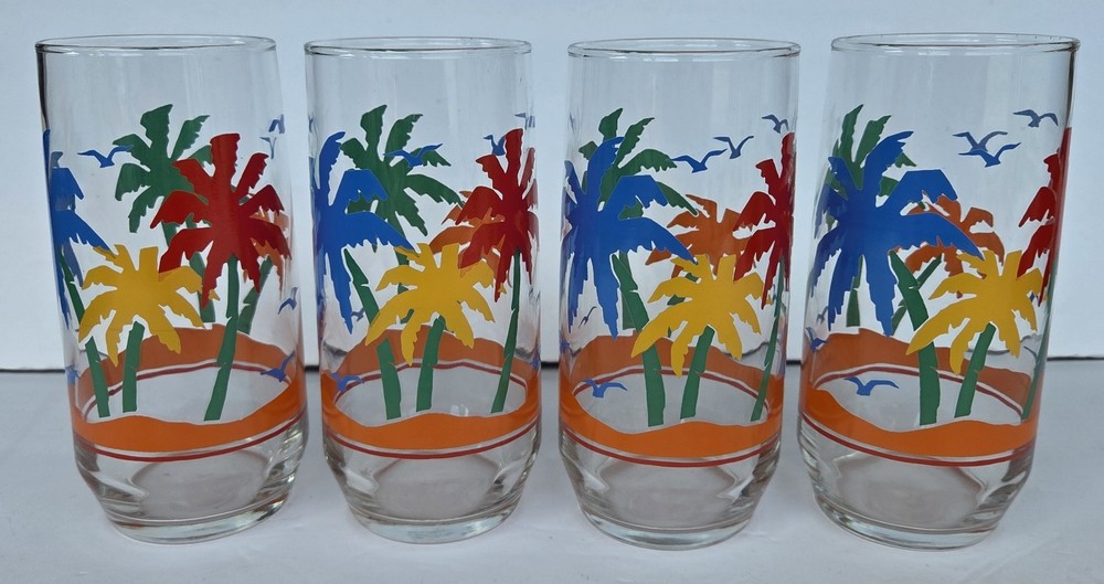 4 Vintage Libbey Tropical PALM TREES & BIRDS Drinking Glasses 16oz NEW