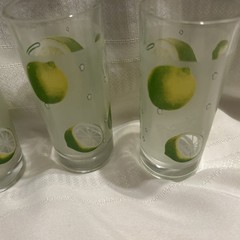 Set OfFour Decorated Lemon Glasses 5 1/2 Inches, Green/yellow Frosted