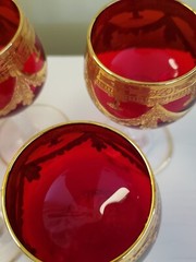 Set 6 Ruby Red Crystal Stemware Gold Painted Design Bohemian Italian 5″ Cordial
