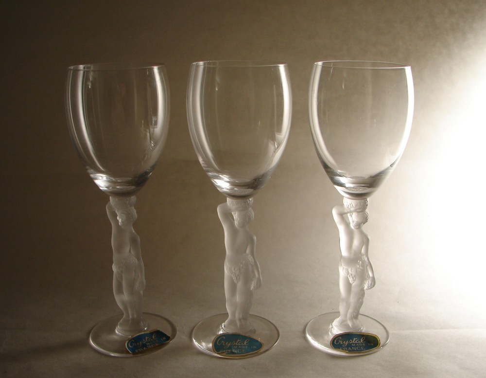 3 Bayel Bacchus France Crystal Figural Male Nude Stem Wine Glasses orig label