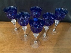 WMF Cristal Cabinet Cobalt Blue Cut to Clear Sherry Stems Set of 6, 1970s