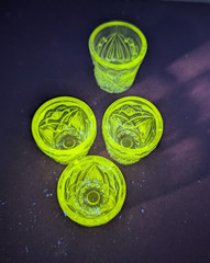RARE 4x Miniature UV Glow Glass Cordial Shot Glasses Fancy Pressed Cut EAPG GLOW