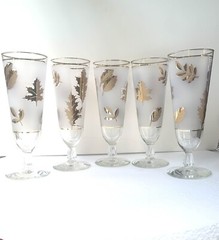 Vintage Set of 5 Libby Frosted Golden Foliage Leaf Pilsner Goblet Glasses 10 Oz