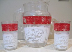 MCM Vintage ANCHOR HOCKING Glass RED & WHITE PITCHER & 10 GLASSES Retro Set MINT