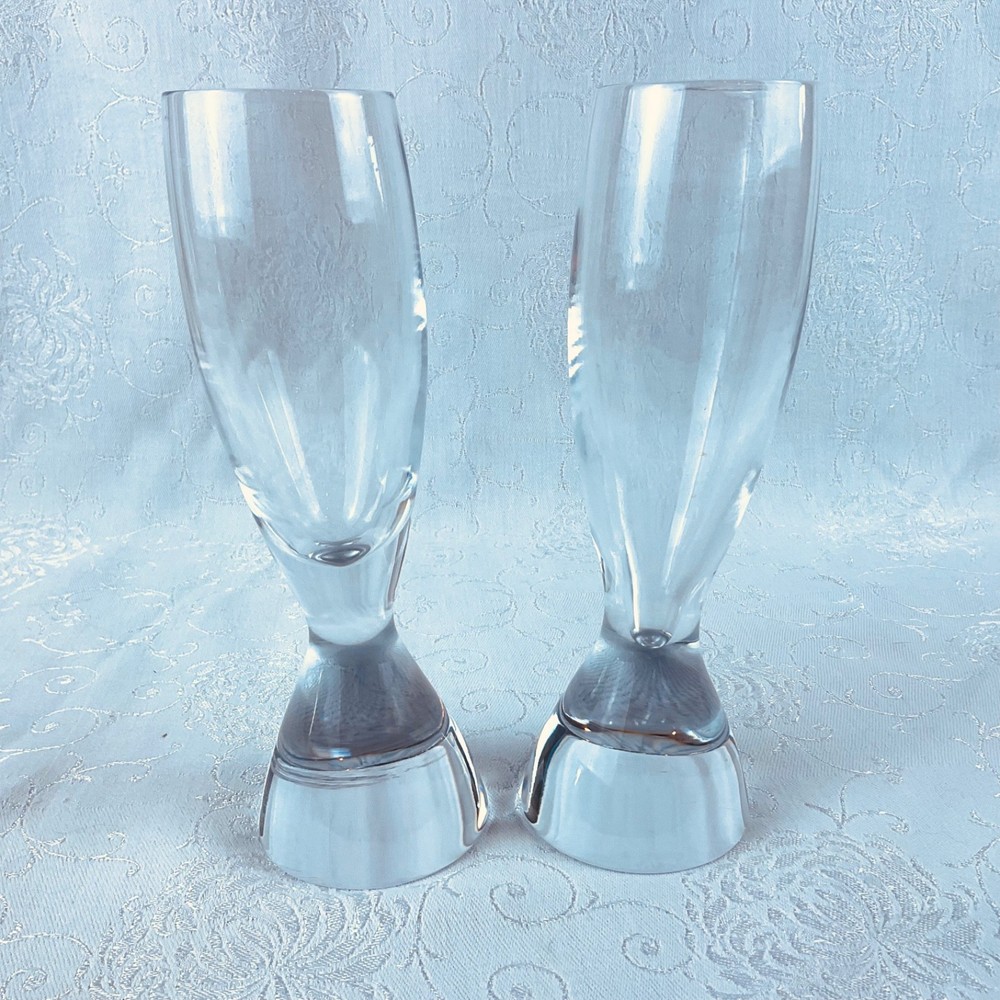 Nambe TILT two Champagne Flutes 7.5” Heavy Base Tilts Hard to Find Tiny Chip