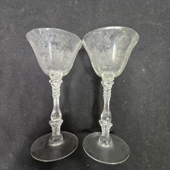 Vintage Etched Champagne Crystal Glasses Pair Clear Floral Rococo Stem Decor