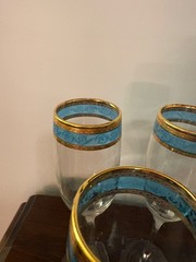 Set of 8 – Glass Champagne Flutes w/ Blue Teal & Gold Trim Mid Century Modern 9″