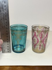 Two Vintage MCM Teal, Pink, Gold 6oz Embossed Juice Glass 4 Inch Moroccan